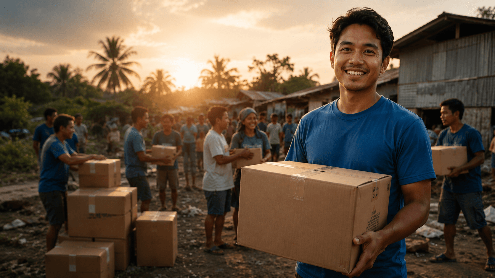 Filipino volunteers in bright vests handing out relief supply boxes to families after a calamity